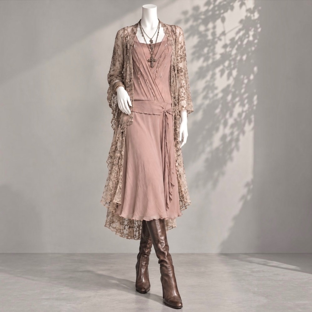 Jonathan Martin Y2K Silk Dress L Taupe Drop Waist 20s Dark Romantic Midi